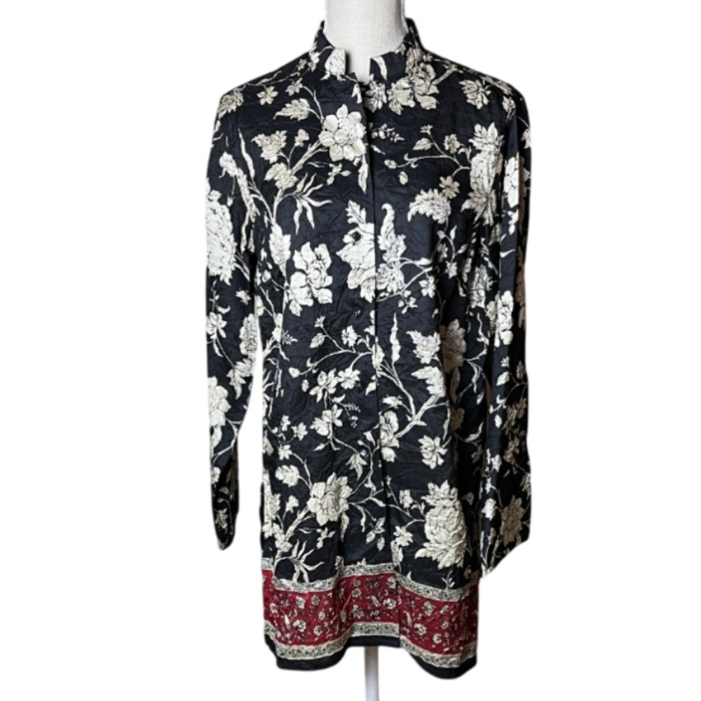 GO SILK Beautiful Floral Black / White / Red Long Sleeve Tunic Top - M